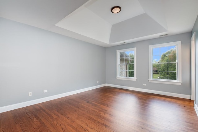 spare room featuring hardwood / wood-style flooring and a raised ceiling