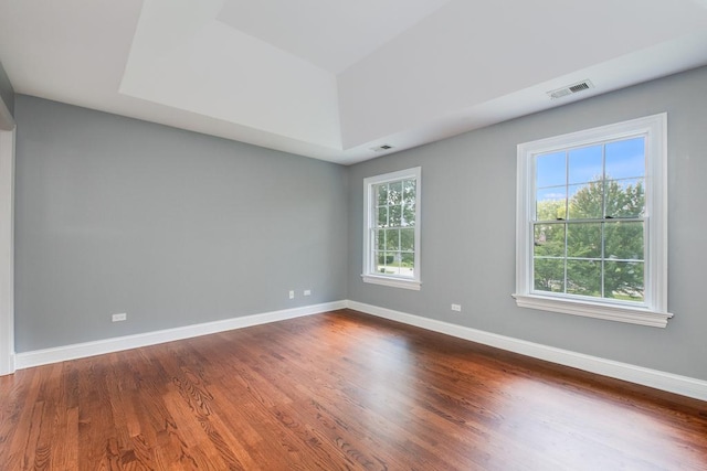 unfurnished room with a raised ceiling and dark wood-type flooring