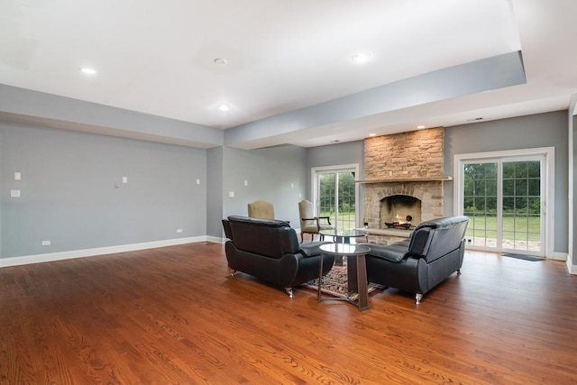 living room with hardwood / wood-style floors and a stone fireplace