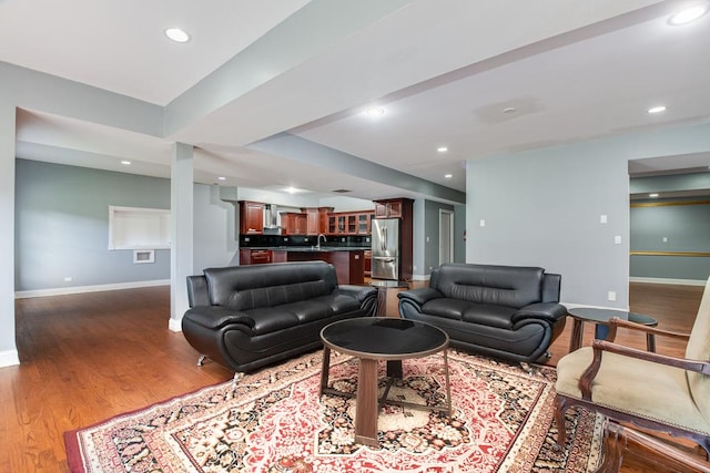 living room with sink and dark wood-type flooring