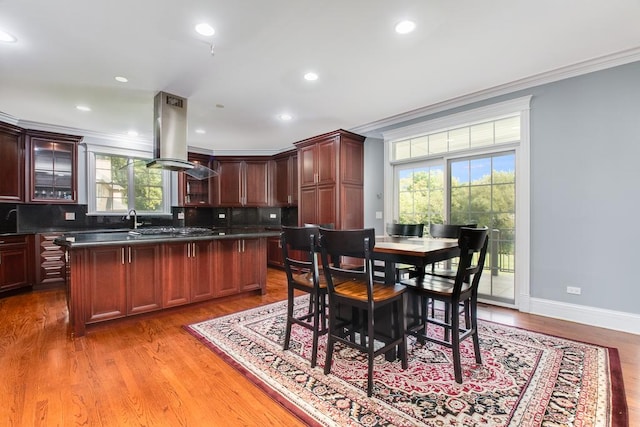 kitchen with light wood-type flooring, a center island, and island range hood