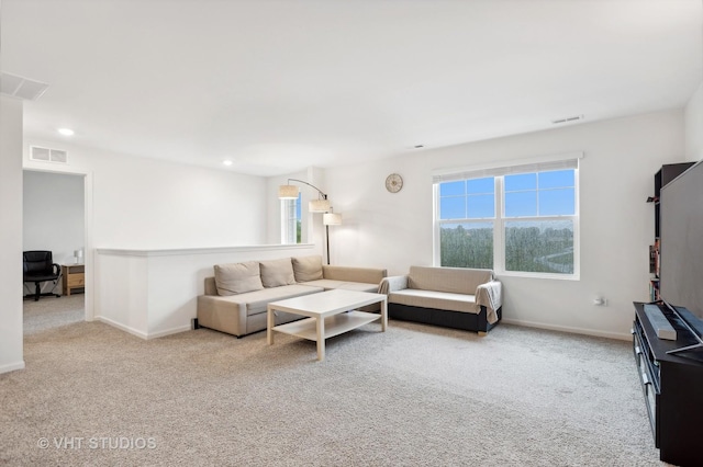 living room featuring light colored carpet