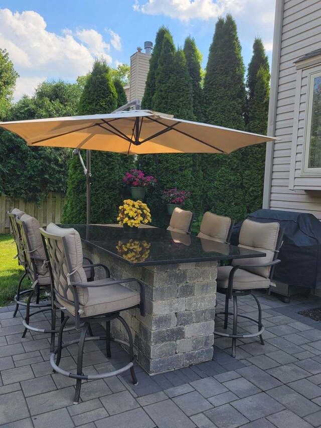 view of patio with an outdoor bar