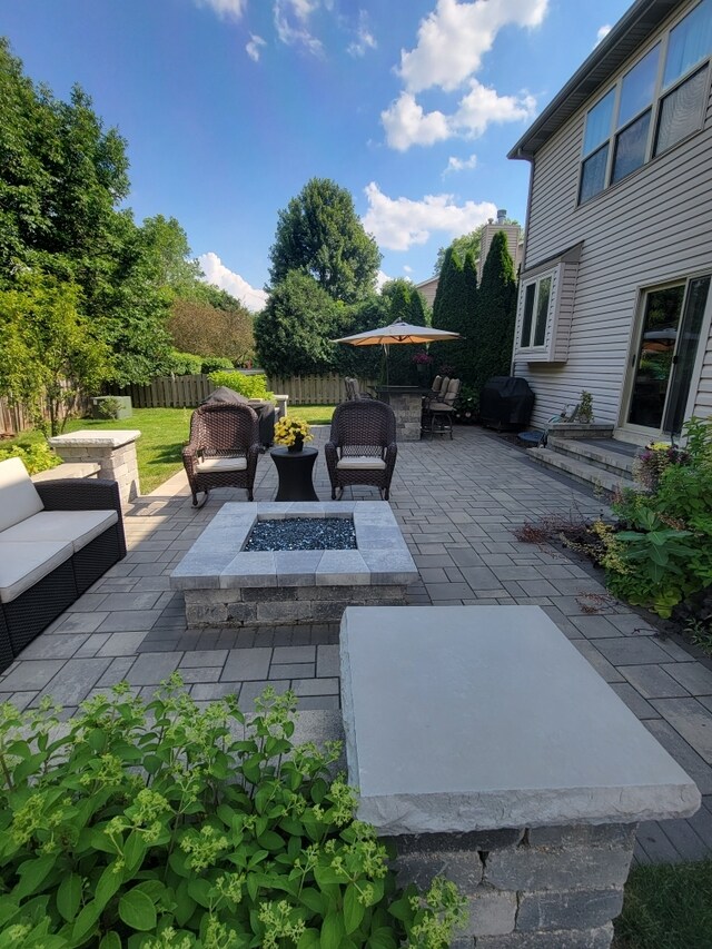 view of patio / terrace with an outdoor living space with a fire pit