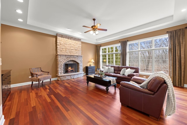 living room featuring a tray ceiling, hardwood / wood-style floors, and a stone fireplace