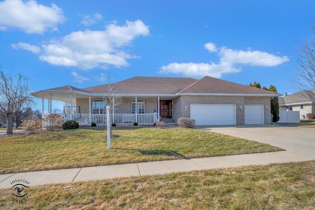 ranch-style house with a garage, a porch, and a front lawn