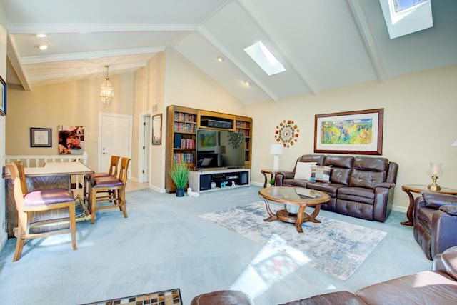 living area featuring a skylight, carpet floors, and high vaulted ceiling