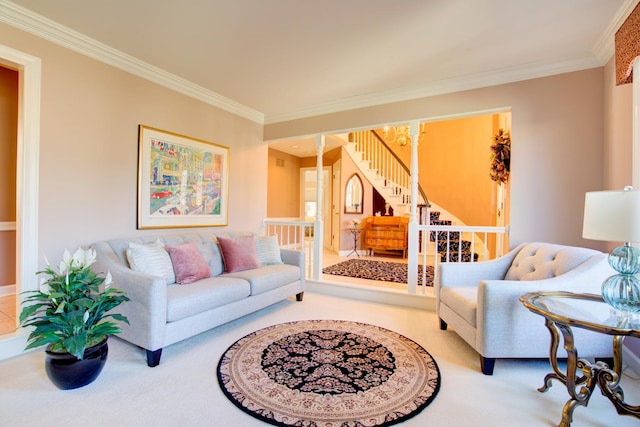 carpeted living area with a notable chandelier and ornamental molding