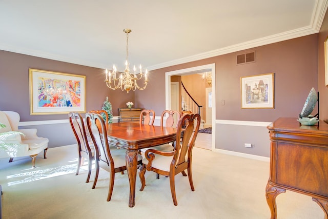 dining area with stairway, visible vents, light carpet, crown molding, and a chandelier