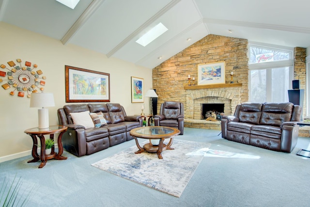 carpeted living area featuring beam ceiling, high vaulted ceiling, a skylight, a fireplace, and baseboards