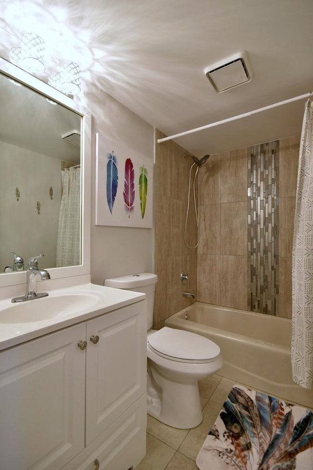 full bathroom with toilet, vanity, tile patterned floors, and shower / bath combo with shower curtain