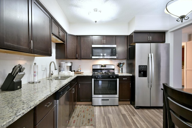 kitchen with sink, backsplash, stainless steel appliances, dark brown cabinetry, and light wood-type flooring