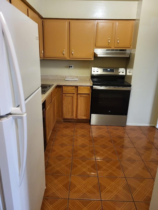 kitchen featuring sink, stainless steel range with electric stovetop, and white refrigerator