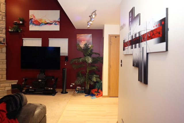 living room featuring hardwood / wood-style floors and track lighting