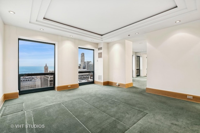 carpeted spare room featuring a raised ceiling and a water view