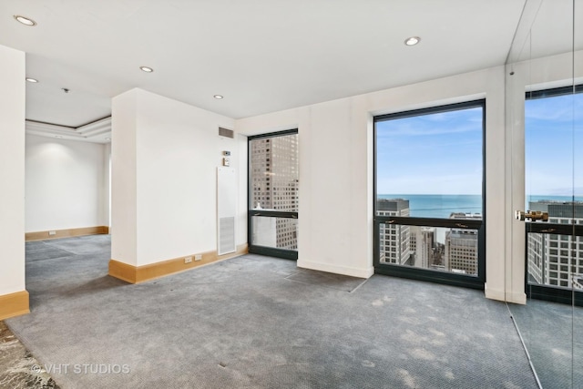 unfurnished room with carpet and a water view