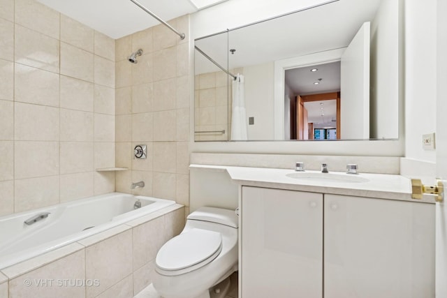 full bathroom featuring vanity, shower / bath combo, and toilet