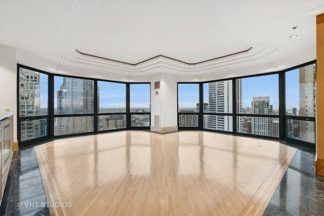 spare room featuring hardwood / wood-style floors, a tray ceiling, and floor to ceiling windows