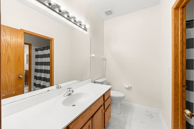 full bath featuring baseboards, visible vents, toilet, marble finish floor, and vanity