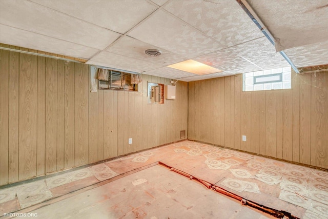 basement featuring wood walls