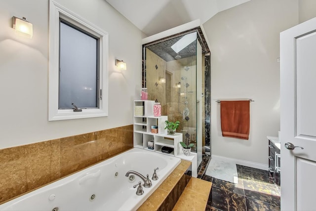 bathroom with independent shower and bath and vaulted ceiling