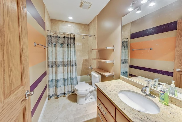 full bathroom with tile patterned floors, vanity, shower / bath combo, and toilet