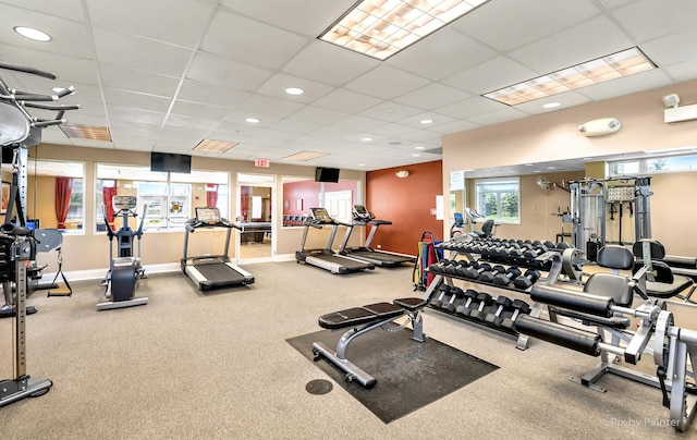 workout area featuring carpet flooring and a drop ceiling