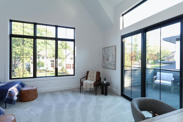 sitting room featuring carpet floors and high vaulted ceiling