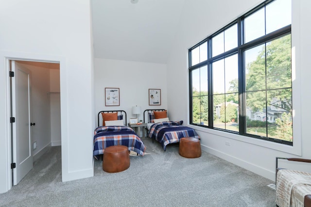 carpeted bedroom featuring a walk in closet and high vaulted ceiling