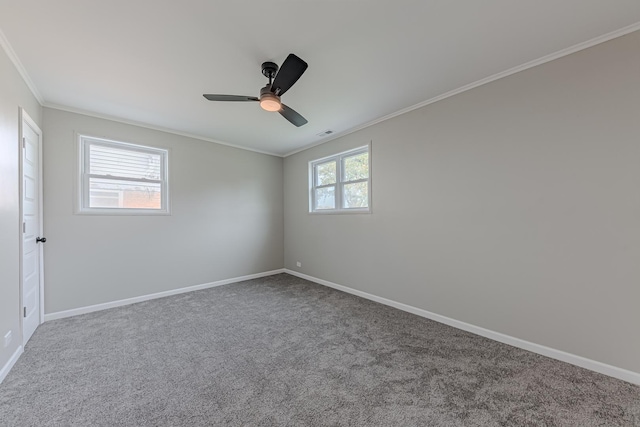 unfurnished room featuring carpet flooring, ceiling fan, and ornamental molding