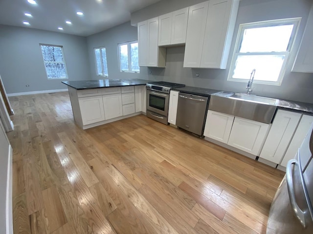 kitchen with white cabinetry, sink, kitchen peninsula, light hardwood / wood-style floors, and appliances with stainless steel finishes