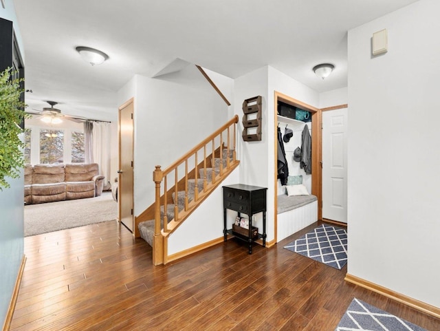 entrance foyer featuring ceiling fan and dark hardwood / wood-style floors