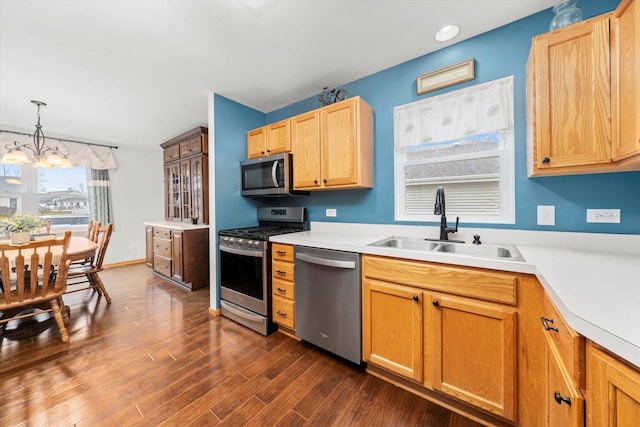 kitchen featuring sink, a chandelier, dark hardwood / wood-style flooring, hanging light fixtures, and stainless steel appliances