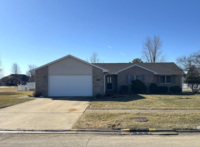 ranch-style home with brick siding, concrete driveway, an attached garage, fence, and a front lawn