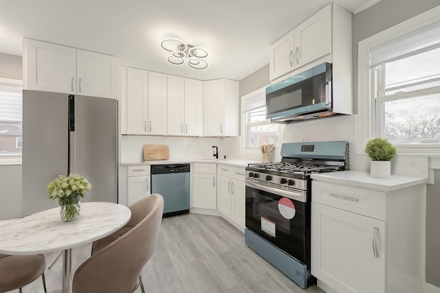 kitchen featuring white cabinetry, sink, stainless steel appliances, and light wood-type flooring