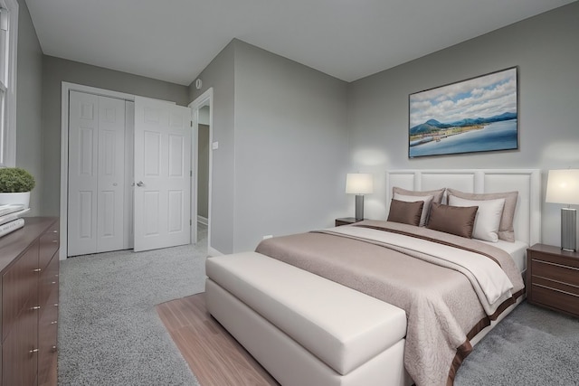 bedroom with carpet floors and a closet