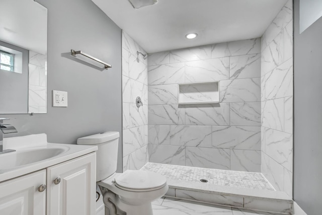 16542 Paulina St, Markham, IL 60428 - full bathroom featuring toilet, marble finish floor, a tile shower, recessed lighting, and vanity