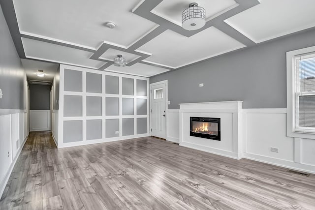 16542 Paulina St, Markham, IL 60428 - unfurnished living room featuring visible vents, a ceiling fan, coffered ceiling, wood finished floors, and a decorative wall
