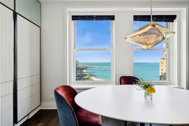 dining room featuring a water view and dark wood-type flooring