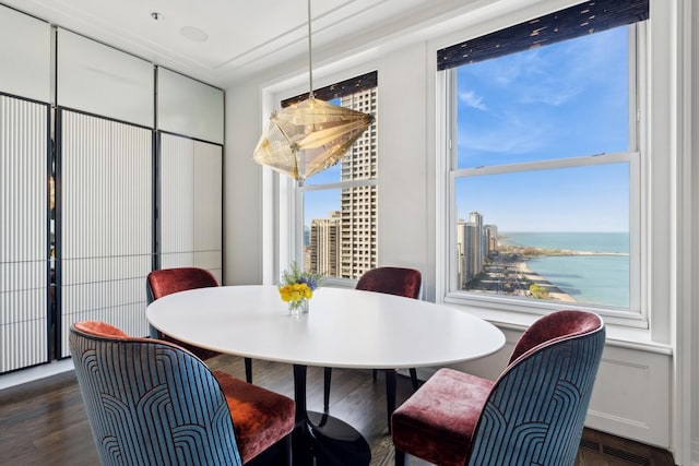 dining area featuring a water view and dark hardwood / wood-style floors