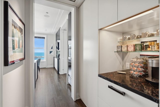 bar featuring white cabinets, stainless steel oven, dark stone countertops, and dark wood-type flooring