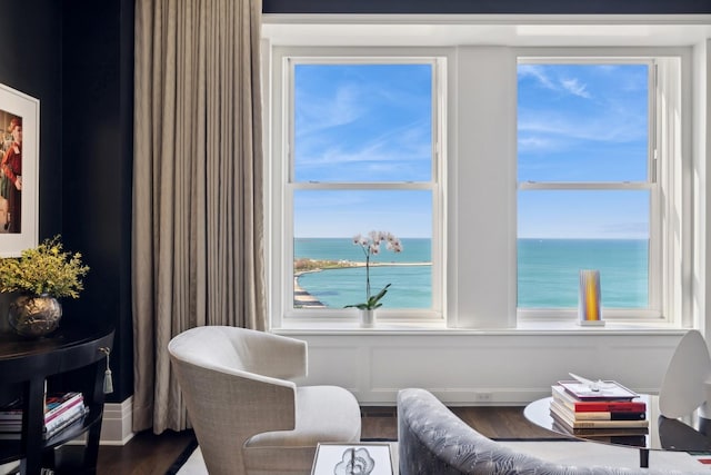 living area with hardwood / wood-style flooring and a water view