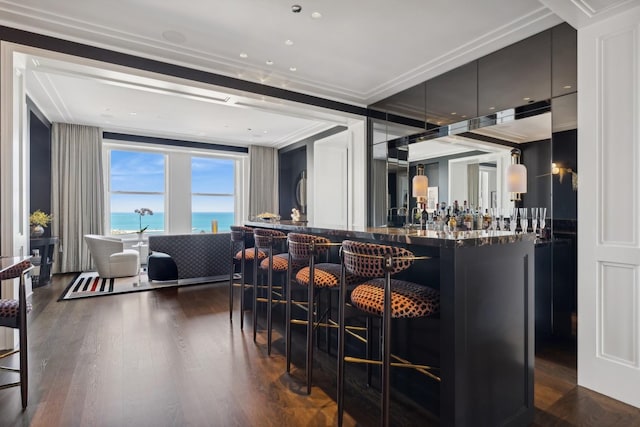 bar featuring a water view, dark hardwood / wood-style floors, and ornamental molding