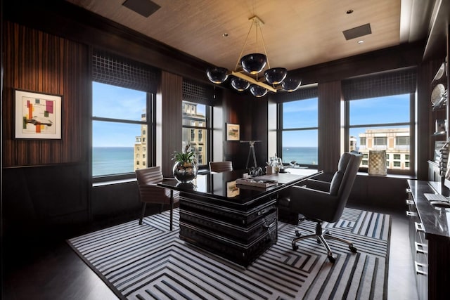 home office featuring a wealth of natural light, wood walls, a water view, and wooden ceiling