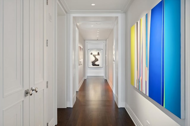 hallway with dark hardwood / wood-style flooring and ornamental molding