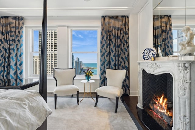 bedroom featuring multiple windows and a water view