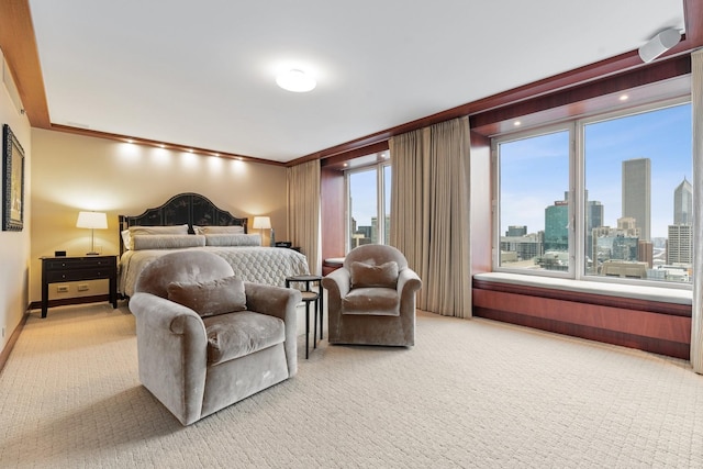 carpeted bedroom with crown molding