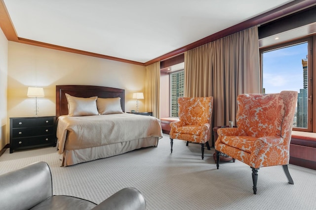 carpeted bedroom featuring ornamental molding