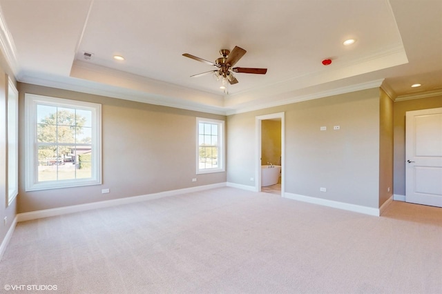 carpeted spare room featuring a raised ceiling, crown molding, and ceiling fan