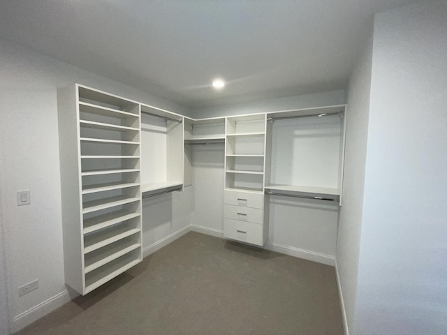 spacious closet featuring dark colored carpet